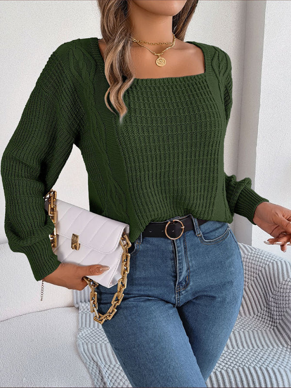 Sweaters- Wool Lantern Sleeve Sweater - Square Neck, Cable Knit Accents Knitwear- - Pekosa Women Clothing