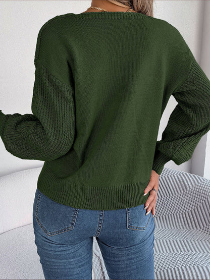 Sweaters- Wool Lantern Sleeve Sweater - Square Neck, Cable Knit Accents Knitwear- - Pekosa Women Clothing