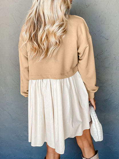 Sweatshirt Dresses- Solid Contrast Color Sweatshirt Tunic Dress- - Pekosa Women Clothing
