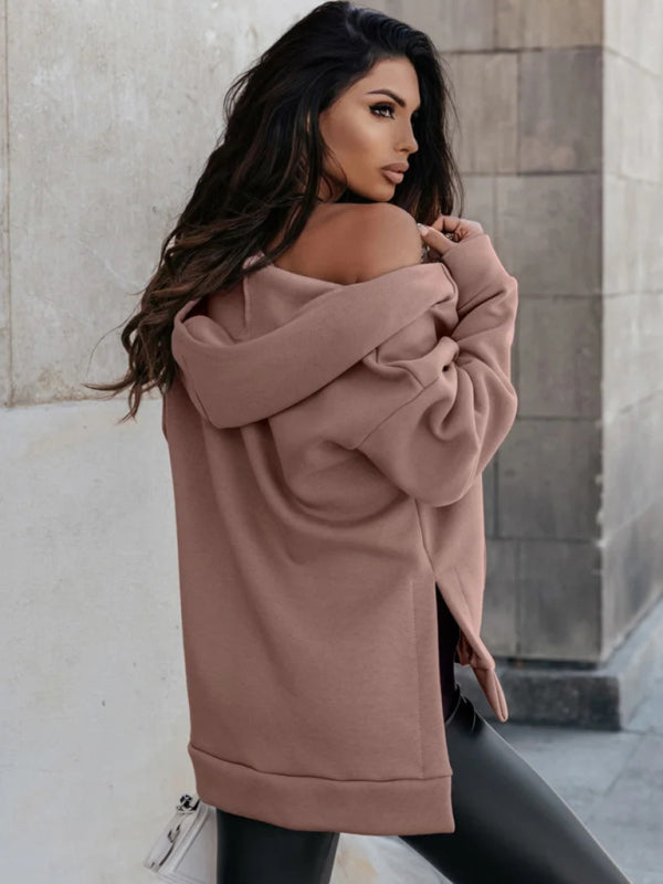Sweatshirts- Baggy Kangaroo Pocket Zip-Up Slit Sweatshirt Hoodie- - Pekosa Women Clothing