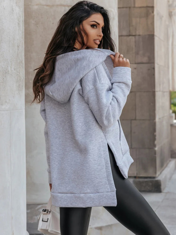 Sweatshirts- Baggy Kangaroo Pocket Zip-Up Slit Sweatshirt Hoodie- - Pekosa Women Clothing