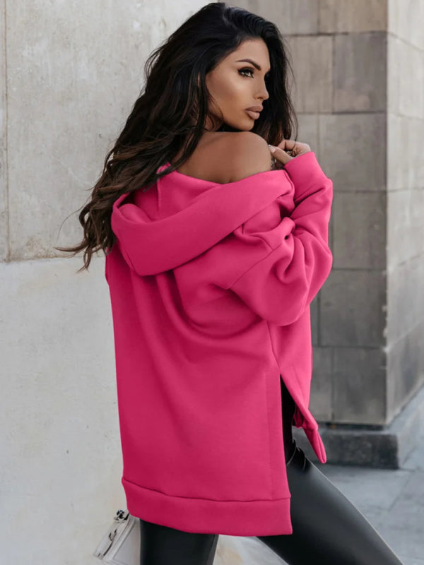 Sweatshirts- Baggy Kangaroo Pocket Zip-Up Slit Sweatshirt Hoodie- - Pekosa Women Clothing
