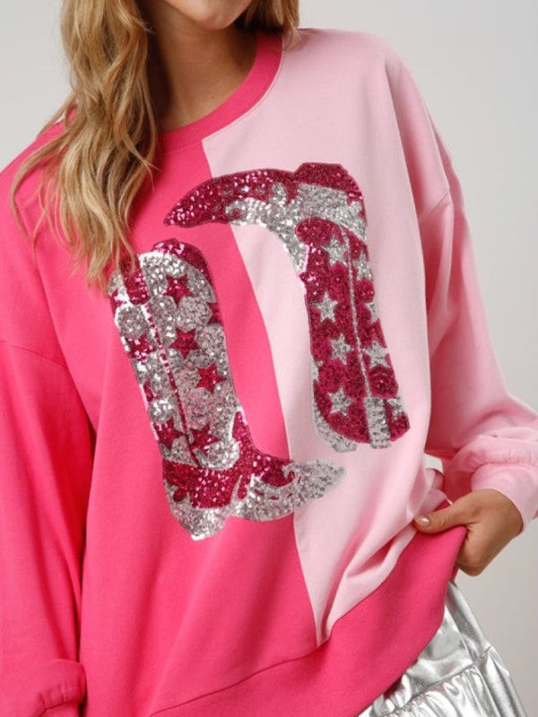 Sweatshirts- Girls' Pink Festive Color-Block Sparkle Sweatshirt- - Pekosa Women Clothing