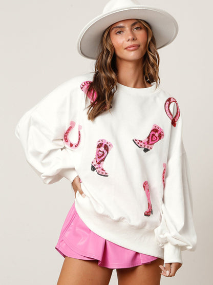 Sweatshirts- Girls' Pink Festive Color-Block Sparkle Sweatshirt- White- Pekosa Women Clothing