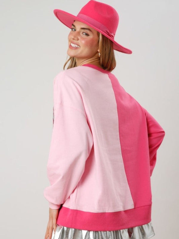 Sweatshirts- Girls' Pink Festive Color-Block Sparkle Sweatshirt- - Pekosa Women Clothing