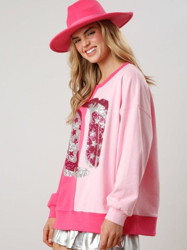 Sweatshirts- Girls' Pink Festive Color-Block Sparkle Sweatshirt- - Pekosa Women Clothing