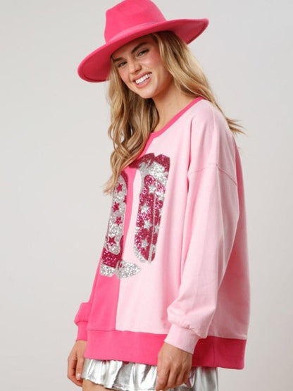 Sweatshirts- Girls' Pink Festive Color-Block Sparkle Sweatshirt- - Pekosa Women Clothing
