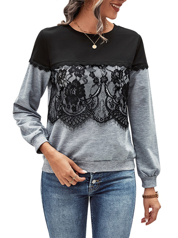 Sweatshirts- Lace Accents Sweatshirt - Colorblock Top- - Pekosa Women Clothing