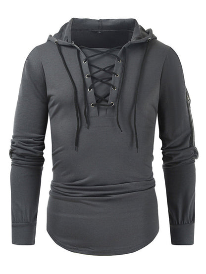 Sweatshirts- Lace-Up Men's Lightweight Hooded Sweatshirt- Charcoal grey- Pekosa Women Clothing