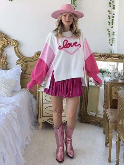 Sweatshirts- Love & Sparkle Pink Patchwork Oversized Sweatshirt- - Pekosa Women Clothing