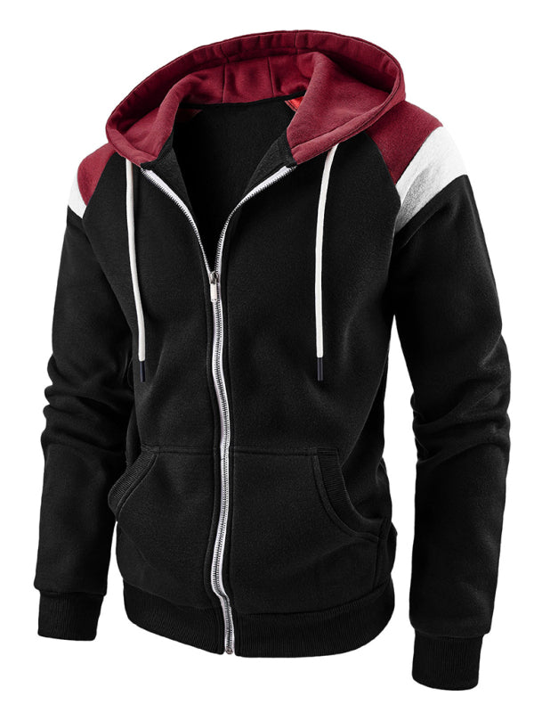Sweatshirts- Men's Urban Color Block Zip-Up Hooded Sweatshirt- Black- Pekosa Women Clothing