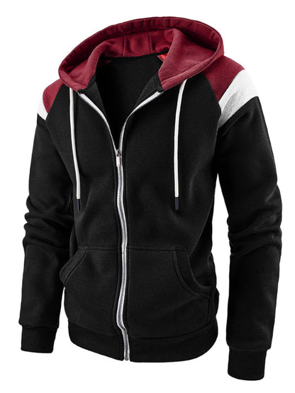 Sweatshirts- Men's Urban Color Block Zip-Up Hooded Sweatshirt- Black- Pekosa Women Clothing