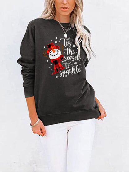 Sweatshirts- Snowman Xmas Cotton Christmas Pullover Sweatshirt with Pockets- Charcoal grey- Pekosa Women Clothing