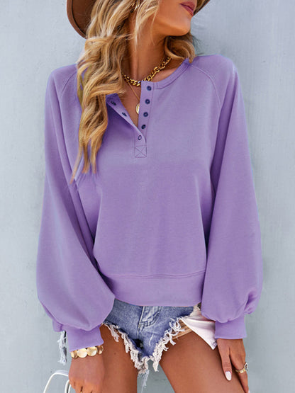 Sweatshirts- Solid Buttons Balloon Sleeve Sweatshirt Top- - Pekosa Women Clothing