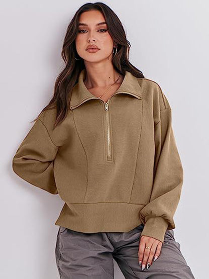 Sweatshirts- Solid Half Zip-Up Funnel Neck Drop Shoulder Sweatshirt- Khaki- Pekosa Women Clothing