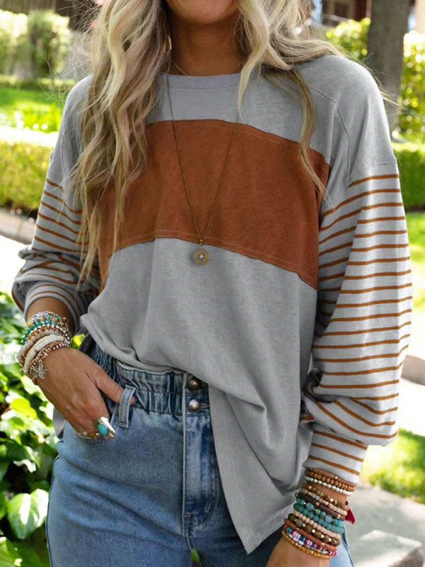 Sweatshrits- Stripe Pullover | Sport Color Block Long Sleeve Top- Grey- Pekosa Women Clothing