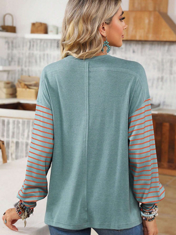 Sweatshrits- Stripe Pullover | Sport Color Block Long Sleeve Top- - Pekosa Women Clothing