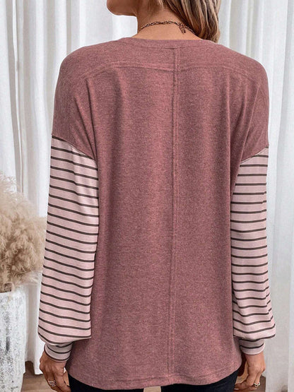 Sweatshrits- Stripe Pullover | Sport Color Block Long Sleeve Top- - Pekosa Women Clothing