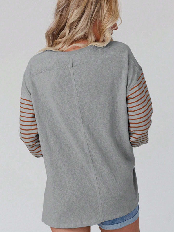Sweatshrits- Stripe Pullover | Sport Color Block Long Sleeve Top- - Pekosa Women Clothing
