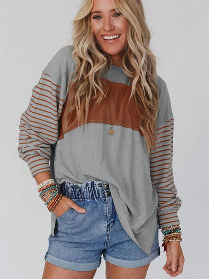 Sweatshrits- Stripe Pullover | Sport Color Block Long Sleeve Top- - Pekosa Women Clothing