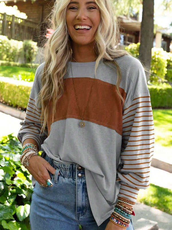 Sweatshrits- Stripe Pullover | Sport Color Block Long Sleeve Top- - Pekosa Women Clothing