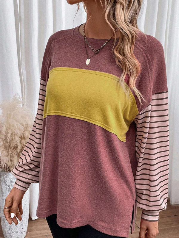 Sweatshrits- Stripe Pullover | Sport Color Block Long Sleeve Top- - Pekosa Women Clothing