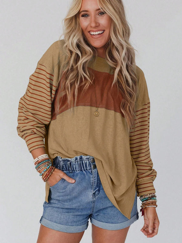 Sweatshrits- Stripe Pullover | Sport Color Block Long Sleeve Top- - Pekosa Women Clothing