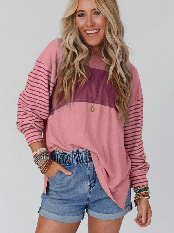 Sweatshrits- Stripe Pullover | Sport Color Block Long Sleeve Top- - Pekosa Women Clothing