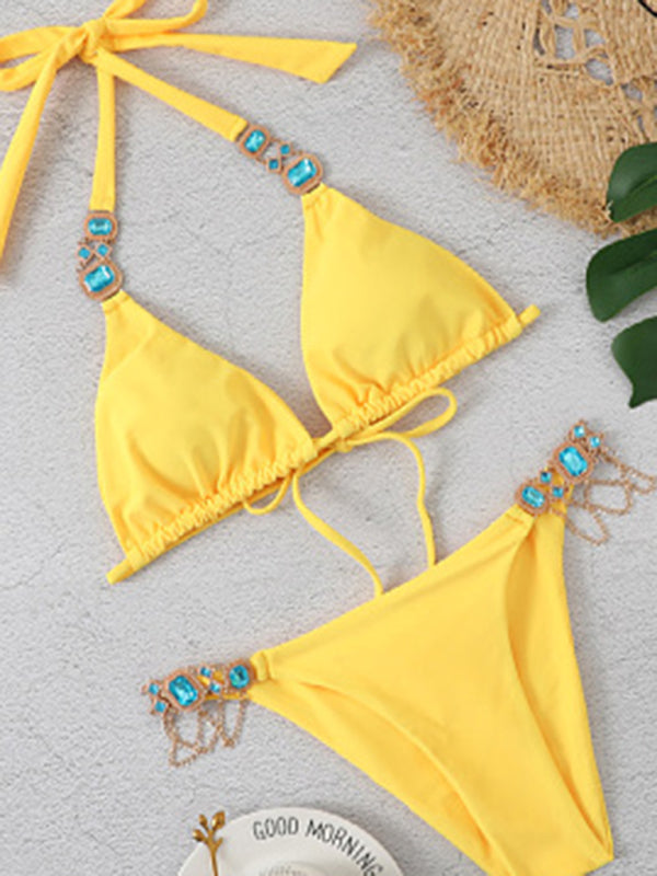 Swimwear- 2 Piece Bikini Rhinestone Halter Bra and Low-Cut Bottoms- - Pekosa Women Clothing