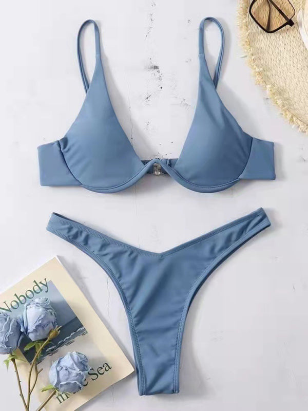 Swimwear- 2 Piece High-Leg Brazilian Bikini with Underwire Triangle Bra- Blue grey- Pekosa Women Fashion