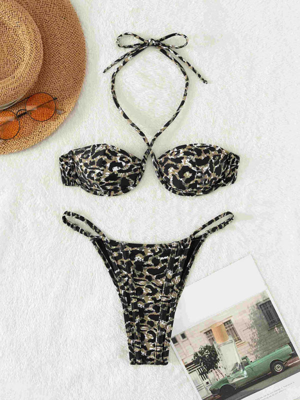 Swimwear- Adjustable 2 Piece Swimwear | Bandeau Halter Bra & High Cut Ruched Bikini- - Pekosa Women Clothing