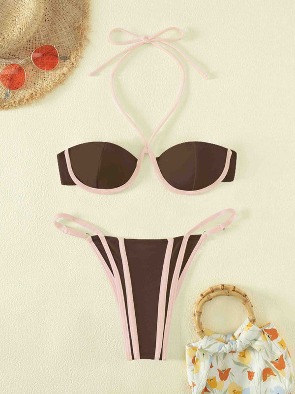 Swimwear- Adjustable 2 Piece Swimwear | Bandeau Halter Bra & High Cut Ruched Bikini- - Pekosa Women Clothing