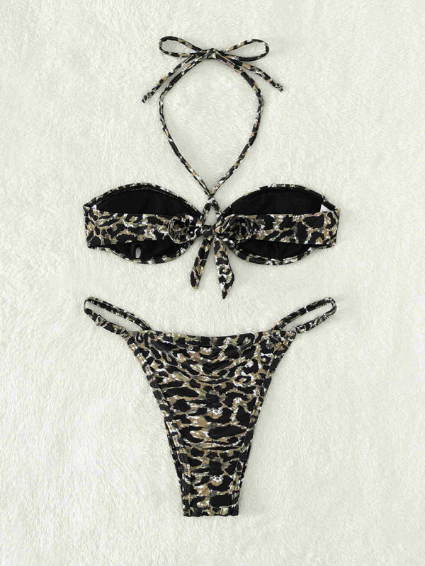Swimwear- Adjustable 2 Piece Swimwear | Bandeau Halter Bra & High Cut Ruched Bikini- - Pekosa Women Clothing