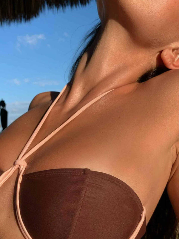 Swimwear- Adjustable 2 Piece Swimwear | Bandeau Halter Bra & High Cut Ruched Bikini- - Pekosa Women Clothing