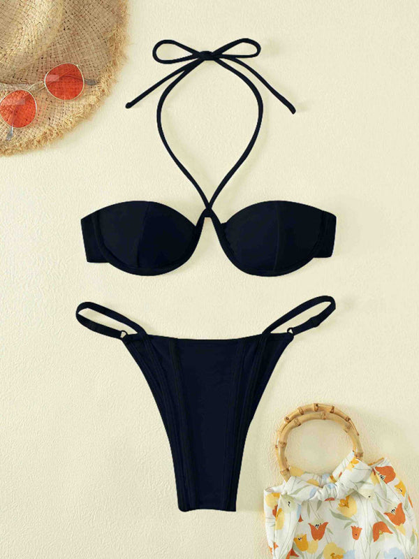 Swimwear- Adjustable 2 Piece Swimwear | Bandeau Halter Bra & High Cut Ruched Bikini- - Pekosa Women Clothing