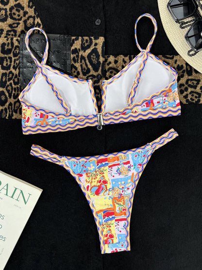 Swimwear- Colorful Print String Bikini Swimwear - 2 Piece High-Cut Thong & Bra- - Pekosa Women Clothing