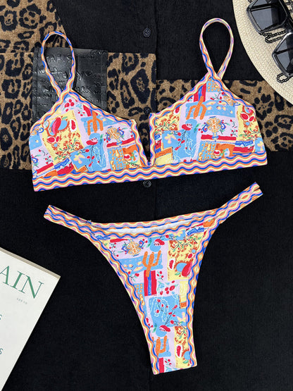 Swimwear- Colorful Print String Bikini Swimwear - 2 Piece High-Cut Thong & Bra- - Pekosa Women Clothing