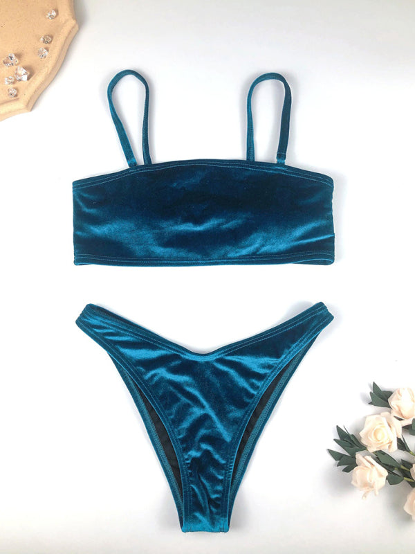 Swimwear- Elegant Velvet Bandeau Bikini 2-Piece with Thong Swim Bottoms- - Pekosa Women Clothing