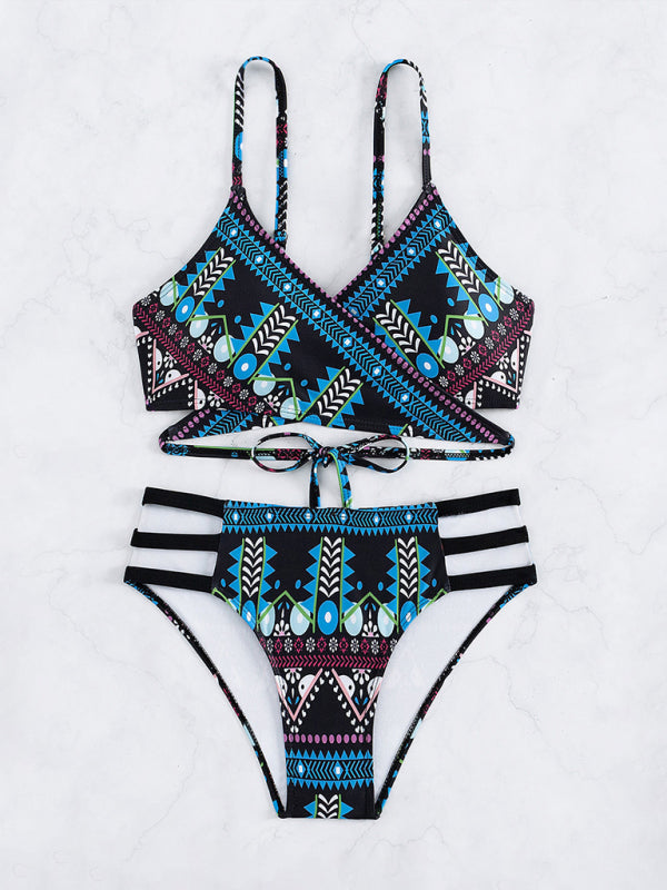 Swimwear- Geo Print Wrap Triangle Bra & Bottoms | 2-Piece Bikini for Beach Adventures- - Pekosa Women Clothing