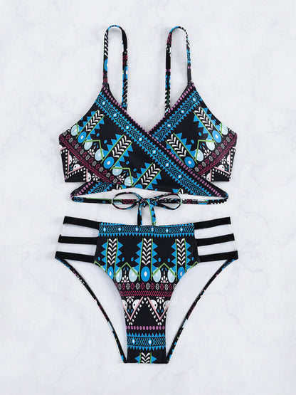 Swimwear- Geo Print Wrap Triangle Bra & Bottoms | 2-Piece Bikini for Beach Adventures- - Pekosa Women Clothing