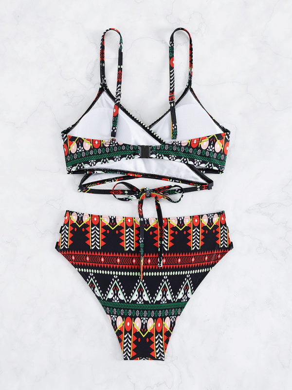 Swimwear- Geo Print Wrap Triangle Bra & Bottoms | 2-Piece Bikini for Beach Adventures- - Pekosa Women Clothing
