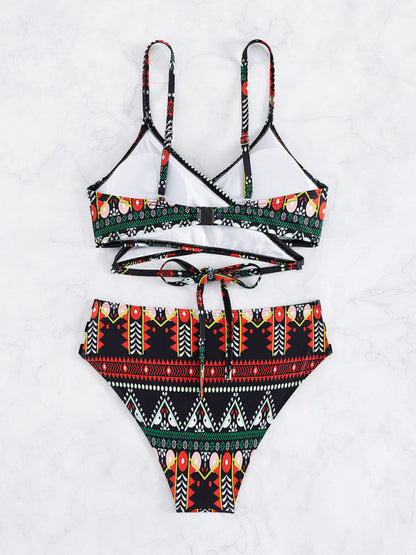 Swimwear- Geo Print Wrap Triangle Bra & Bottoms | 2-Piece Bikini for Beach Adventures- - Pekosa Women Clothing