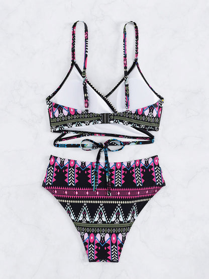 Swimwear- Geo Print Wrap Triangle Bra & Bottoms | 2-Piece Bikini for Beach Adventures- - Pekosa Women Clothing