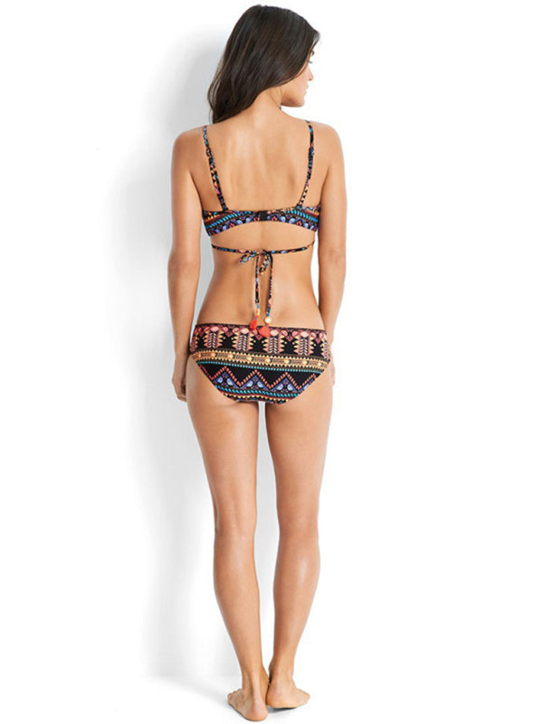 Swimwear- Geo Print Wrap Triangle Bra & Bottoms | 2-Piece Bikini for Beach Adventures- - Pekosa Women Clothing