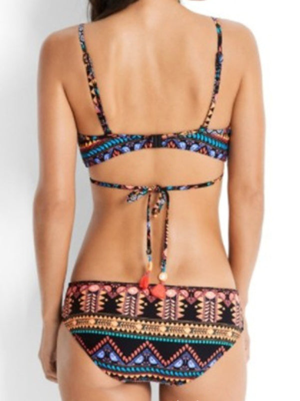 Swimwear- Geo Print Wrap Triangle Bra & Bottoms | 2-Piece Bikini for Beach Adventures- - Pekosa Women Clothing