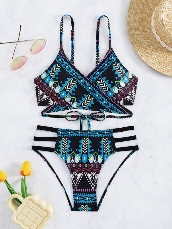 Swimwear- Geo Print Wrap Triangle Bra & Bottoms | 2-Piece Bikini for Beach Adventures- - Pekosa Women Clothing