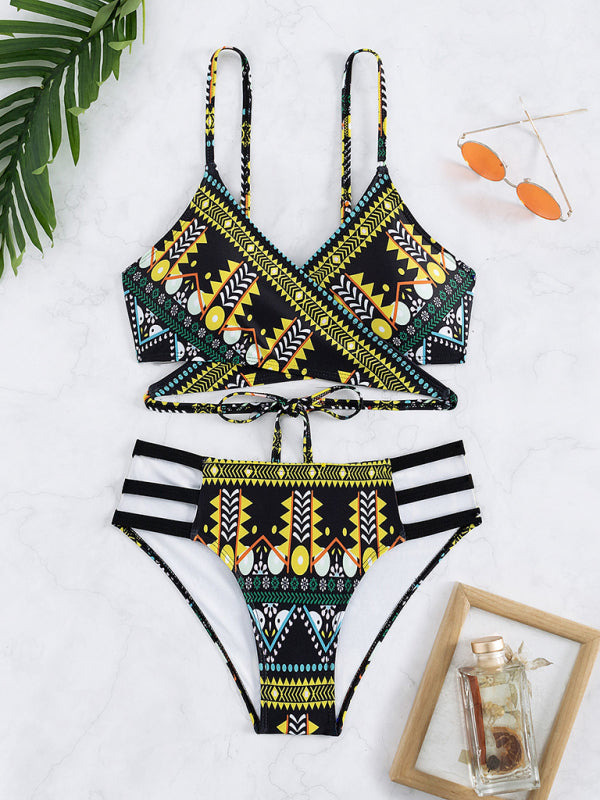 Swimwear- Geo Print Wrap Triangle Bra & Bottoms | 2-Piece Bikini for Beach Adventures- - Pekosa Women Clothing