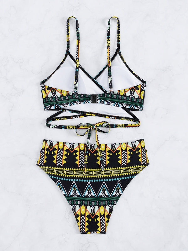 Swimwear- Geo Print Wrap Triangle Bra & Bottoms | 2-Piece Bikini for Beach Adventures- - Pekosa Women Clothing