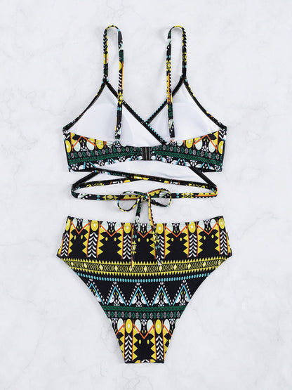 Swimwear- Geo Print Wrap Triangle Bra & Bottoms | 2-Piece Bikini for Beach Adventures- - Pekosa Women Clothing