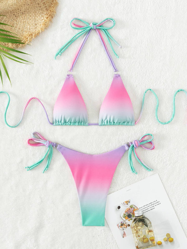 Swimwear- Gradient 2 Piece Swimwear Brazilian Triangle Bra and Tie-Side Bikini- - Pekosa Women Clothing